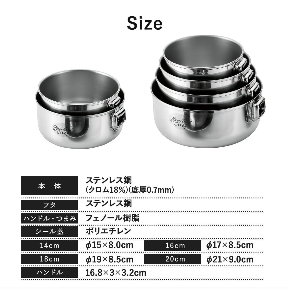 【燕三条】取っ手着脱式鍋セット　ワンタッチクッカー着脱式【14㎝/16㎝/18㎝/20㎝】セット