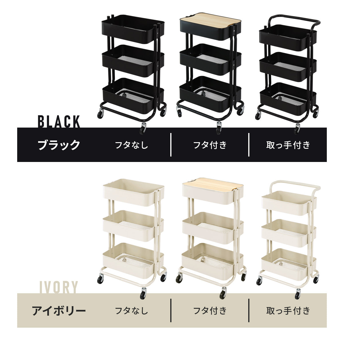 キッチンワゴン3段【フタつき｜フタ無し｜取手付き】ロップ3段