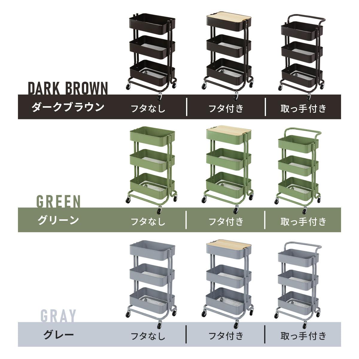 キッチンワゴン3段【フタつき｜フタ無し｜取手付き】ロップ3段