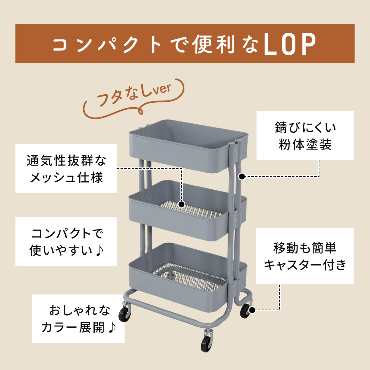 キッチンワゴン3段【フタつき｜フタ無し｜取手付き】ロップ3段