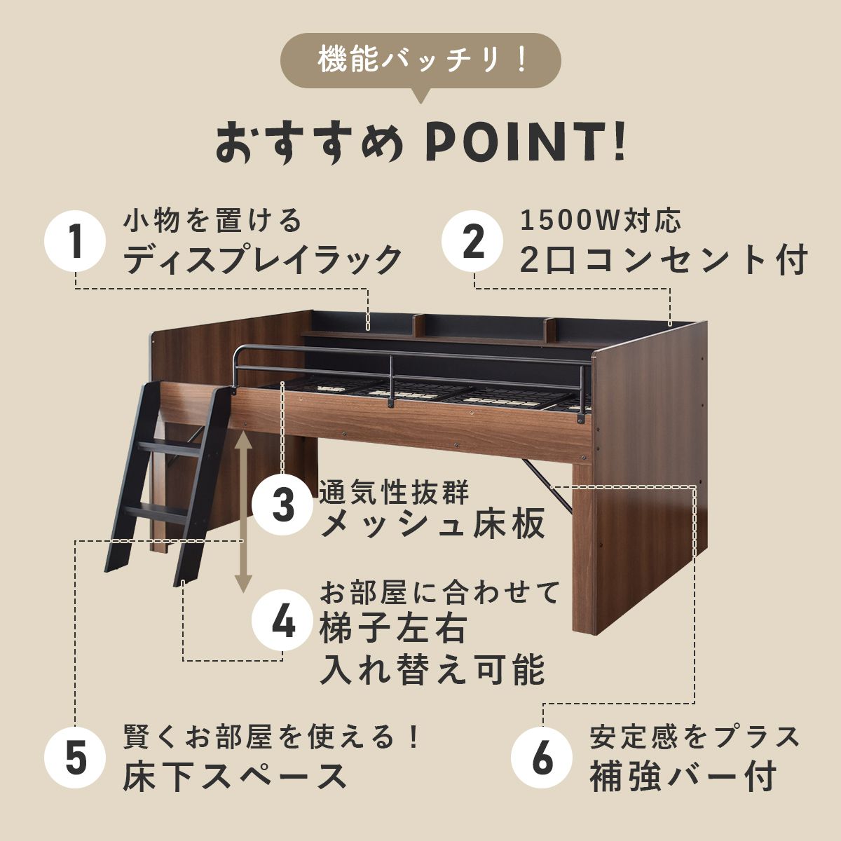 【シングル】 宮棚付きロフトベッド カルージュ