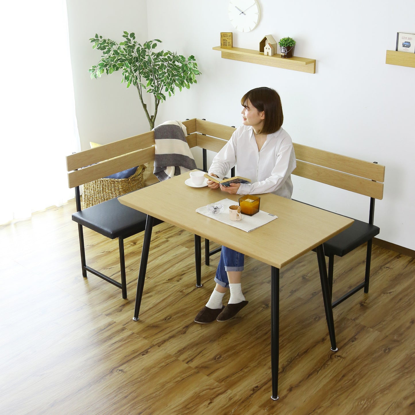 ダイニングテーブル3点セット テーブル コーナー ベンチ テーブルとチェアセット クッション入り座面 要組立 ネロ
