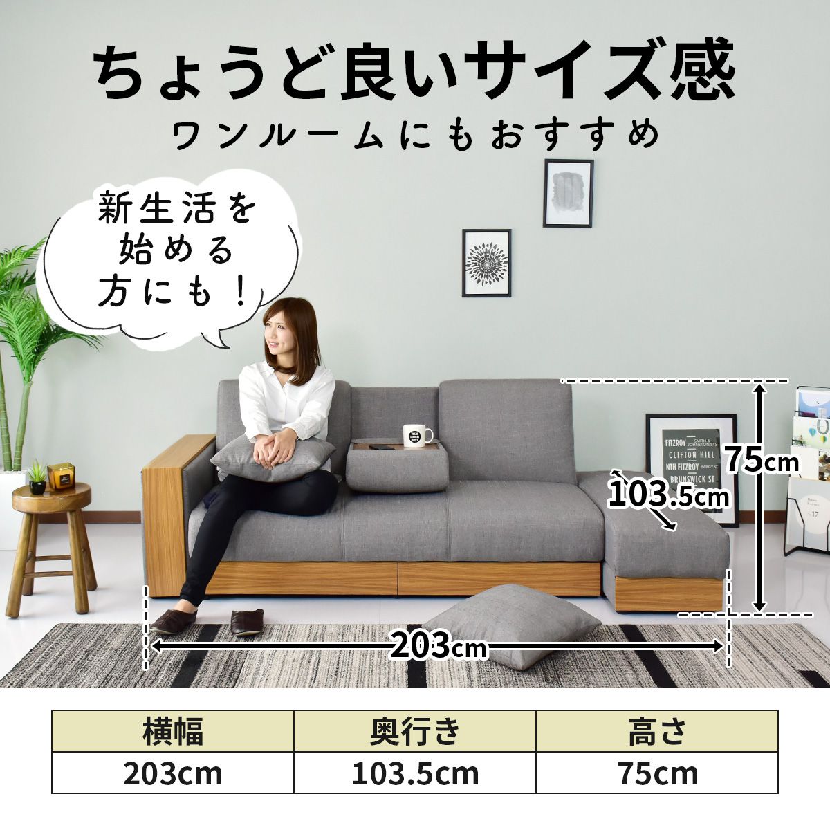 ソファーベッド 2人用ソファ シングル 収納 テーブル付き 幅206 ナトゥーラ